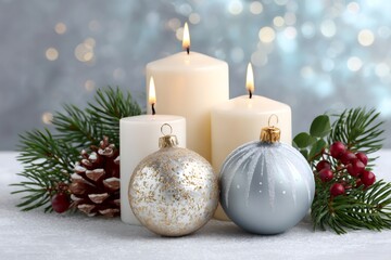 Wall Mural - christmas ornaments and burning candles decorating a snowy surface
