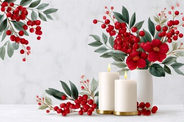 Wall Mural - christmas decoration with burning candles and red berries illuminating winter holidays