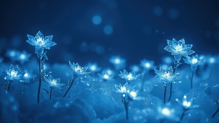 Wall Mural - A field of glowing blue flowers with a dark blue background creating a magical atmosphere view
