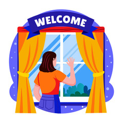 Canvas Print - Flat illustration showing a character waving through a window 