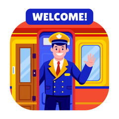Canvas Print - A flat style illustration showing bus driver greeting
