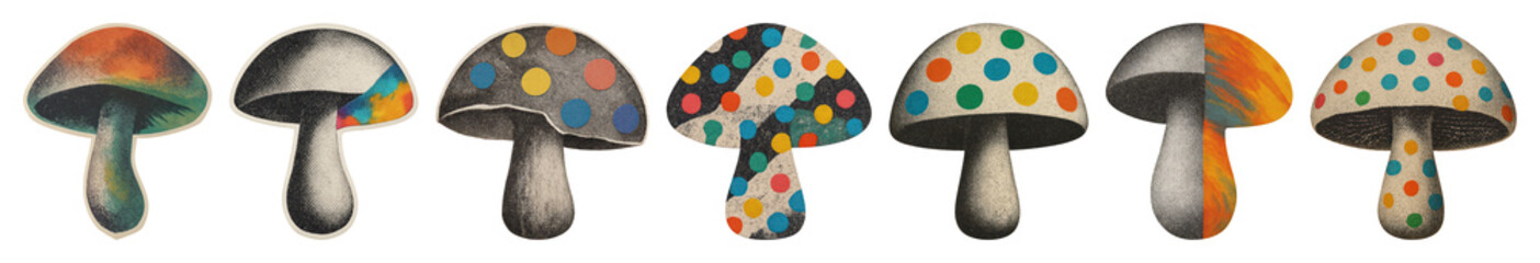 Wall Mural - png colorful artistic mushroom illustrations, element set on transparent background
