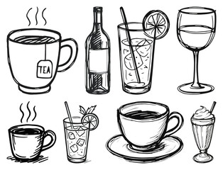 Wall Mural - png hand-drawn beverage illustrations collection, element set on transparent background