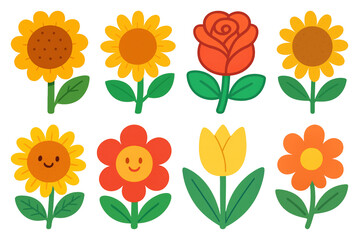 Wall Mural - png colorful cartoon flower illustrations, element set on transparent background