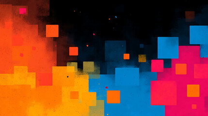 Explosion of colorful squares and particles in orange, blue, and pink against a dark background, representing digital art or data