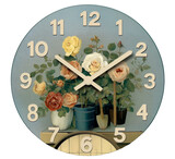 Vintage floral wall clock with garden roses watering can and tools isolated on transparent background.