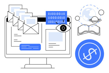 Computer screen with floating emails, binary code, eye icon, dollar icon, globe with a book. Ideal for communication, data privacy, finance, education technology globalization creative concepts in