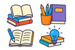 © Bryle - Set of education and creativity icons. Cartoon vector illustrations of books, writing, and learning. Includes stack of books, open diary, pen holder, and lightbulb idea.