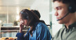 © LuxeShutter25/peopleimages.com - Woman, call center and stress with headache at office, contact and frustrated with lost sale at company. Person, agent and consultant with burnout, fatigue and mistake with headset for telemarketing