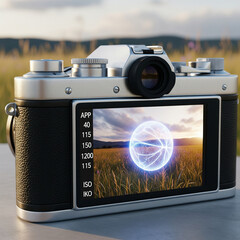 Vintage silver camera with digital display showing a landscape image and a glowing sphere.