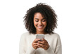 © Vectarica - Smiling african american woman using smartphone, mobile communication, social media and technology isolated on transparent background