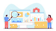 © Shubby Studio - Two people collaborate, examining data charts and graphs displayed on a large computer screen. A magnifying glass emphasizes data analysis. Flat design illustration.