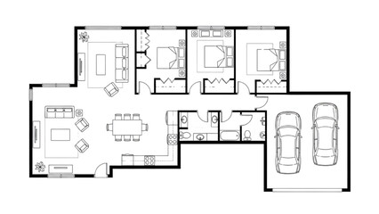 Naklejka na meble 2D Floor Plan Black and White | House, Apartment, Villa Layout with Furniture Vector Illustration