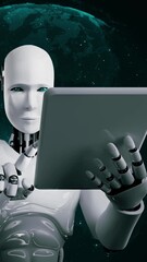 Wall Mural - robot hominoid using tablet computer for global network connection using ai thinking brain , artific