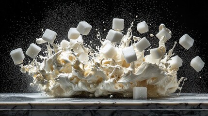 Sugar cubes exploding into a milk splash