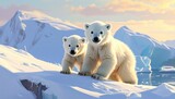 Two polar bear cubs stand on a snowy arctic landscape, illuminated by the soft glow of the sunrise.