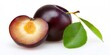 © Artem - A vibrant close-up of a juicy plum, cut open, with a green leaf, on a white backdrop.