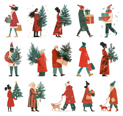 Wall Mural - png festive characters carrying holiday items, element set on transparent background