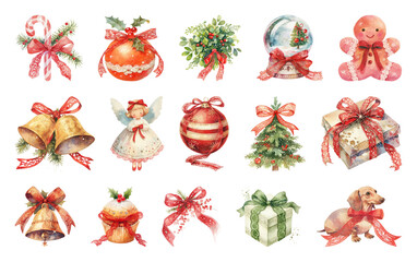 Wall Mural - png watercolor festive christmas decorations, element set on transparent background