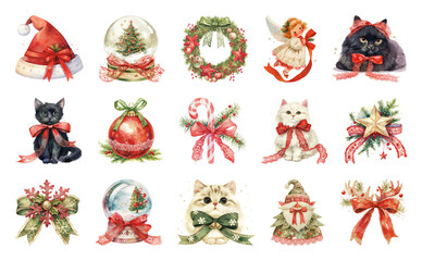 Wall Mural - png vintage christmas cat illustrations, element set on transparent background