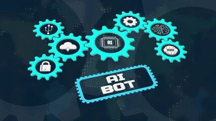 AI bot automation system, futuristic neon gear design with artificial intelligence, cloud, security and digital technology icons for modern innovation