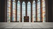 © ミンハジ - Mockup of interior of a church with stained glass windows and a wooden altar in the background for commercial usage