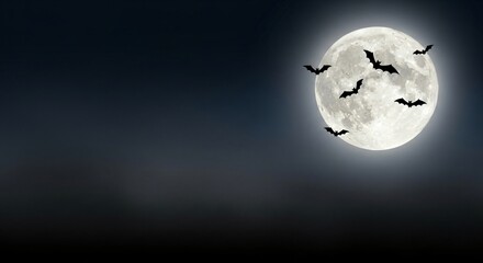 Wall Mural - spooky halloween night scene full moon bats dark sky background