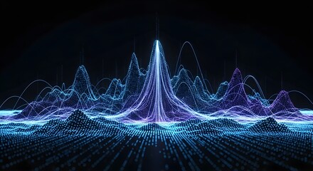 Abstract digital landscape with glowing particles forming peaks and valleys, representing data visualization and futuristic technology concept