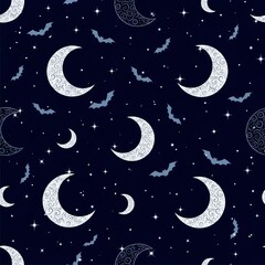 Wall Mural - elegant ornate crescent moons bats stars night sky seamless pattern halloween design