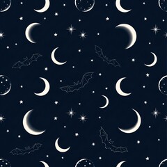 Wall Mural - seamless night sky pattern crescent moons bats stars celestial design halloween background