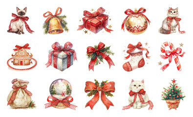 Wall Mural - png festive holiday watercolor illustrations collection, element set on transparent background