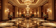 © skillrise - Elegant glowing chandelier with golden lights in luxury interior background