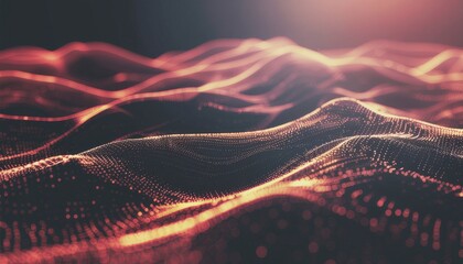 Abstract digital landscape of glowing red and orange particles forming waves on a dark background.
