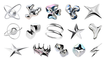 Wall Mural - png abstract metallic 3d shapes collection, element set on transparent background