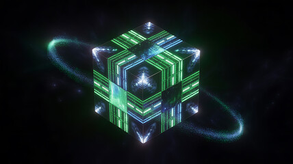 Wall Mural - Glowing Geometric Cube with Swirling Nebula and Cosmic Dust light abstract