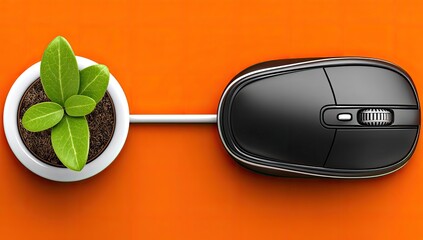 Small plant pot with sprout, connected to a computer mouse on an orange surface