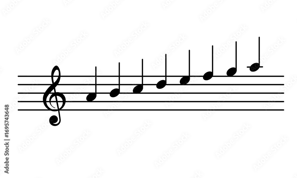 Vector illustration of a major scale with music notes on a treble clef ...