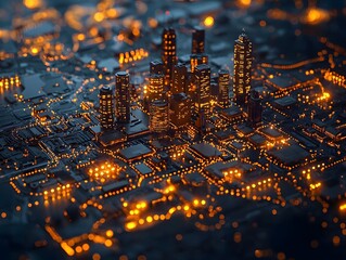 Wall Mural - abstract glowing cityscape on a digital circuit board symbolizing global technology infrastructure a