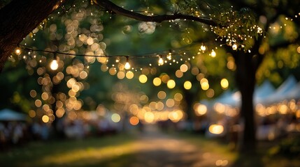Wall Mural - enchanting garden party at dusk with warm string lights, golden bokeh glow, cozy outdoor celebration
