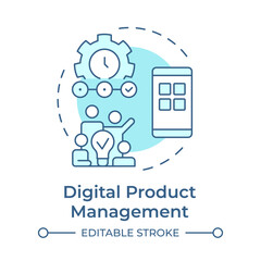 Wall Mural - Digital product management soft blue concept icon. Smartphone app, teamwork organization. Round shape line illustration. Abstract idea. Graphic design. Easy to use in infographic, presentation
