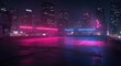 © Ariestia - Neon-lit urban rooftop basketball court at night, bathed in vibrant pink and blue hues, showcases city skyline.