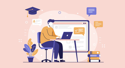 A person working on a laptop, interacting with an online learning platform, with graduation cap.