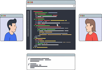 Conceptual illustration of remote pair programming with two software developers collaborating on code through a video conference