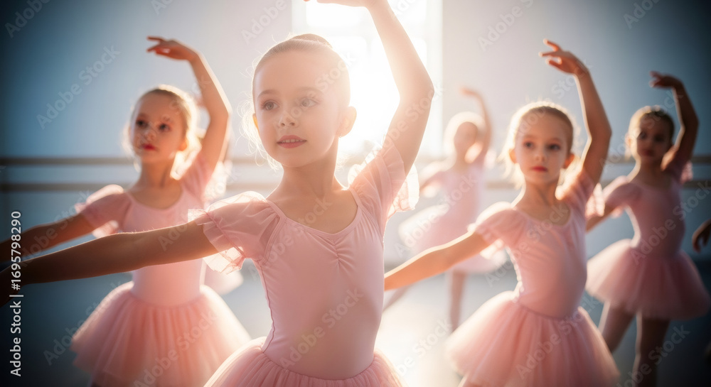 Group of little girls practicing ballet at dance studio. Happy children wearing colorful tutus performing an exercise. Kids activity concept.