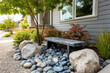 © Vasyl - A charming stone bench nestled in a beautifully landscaped garden, creating a peaceful outdoor space.