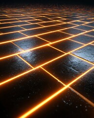Wall Mural - neon glowing line grid on a dark futuristic surface.