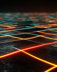 Wall Mural - neon glowing line grid on a dark futuristic surface.
