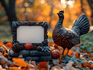 Wall Mural - a decorative turkey figurine and blank framed card surrounded by autumn leaves in a forest setting