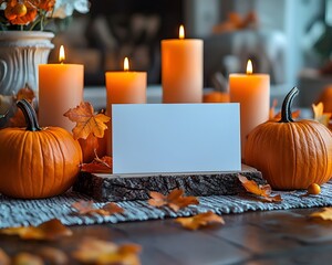 Wall Mural - a blank white card sits on a rustic wooden stand between lit candles and orange pumpkins adorned wit