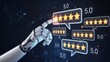 © Waqas - Advanced AI robot hand selecting five star ratings, symbolizing excellent customer feedback and top service in a futuristic digital review interface